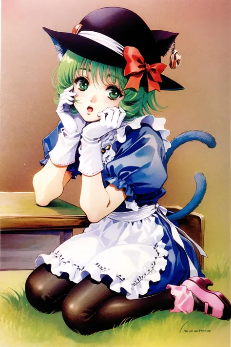 1girl, bell, tail, tail ornament, solo, green eyes, jingle bell, gloves, green hair, hat, animal hat, sitting, looking at viewer, white gloves, apron, animal ears, hair ornament, cat tail, bow, :o, hair bell, cat ears, cat hat, dress, tail ribbon, ribbon, short hair, tail bow, paw shoes, short sleeves, puffy sleeves, full body, puffy short sleeves, head rest, frills, watercolor \(medium\),  <lora:ç¾æ æ¬æ´å½¦V3:1>