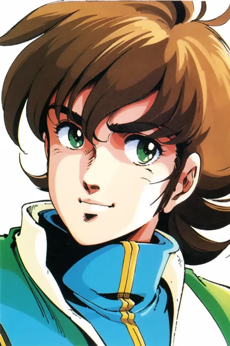 a close up of a person with a green jacket and a brown hair