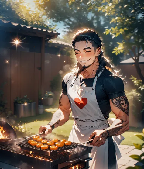 masterpiece, best quality, very aesthetic, absurdres, handsome man grilling outdoors wearing a white apron with a big red heart, closed eyes, wide smile, short beard, long hair, tattoos, piercings, sparkles, sunny, in the backyard <lora:Anime Summer Days 2 Style SDXL_LoRA_Pony Diffusion V6 XL:1>