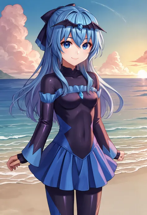 zPDXL, source_anime, BREAK
liselotte, blue hair, sidelocks, blue eyes,
closed mouth, light smile,
badend bodysuit, blue badend, skirt,
cowboy shot, standing,
beach,   <lora:bad-end-ot4-006:0.8> <lora:liselotte-ot-pony3-006:0.6>