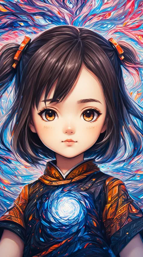 a painting of a girl with a blue and orange dress and a flower