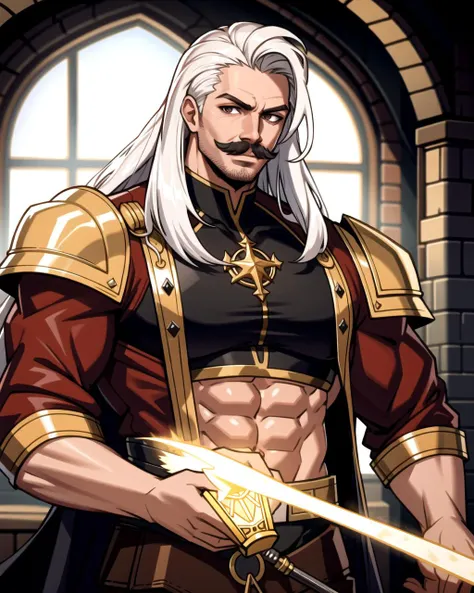 a man with white hair and a sword in a room