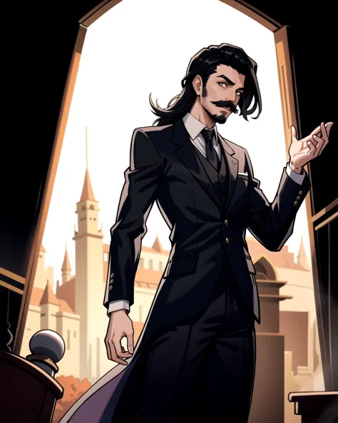 a cartoon of a man in a suit and tie standing in front of a castle