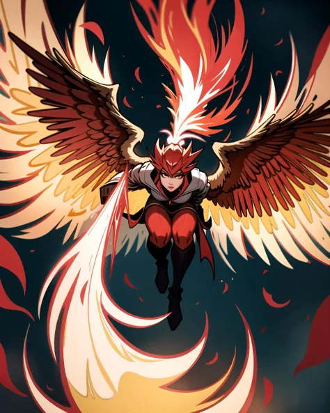 ((masterpiece), best quality, high quality, professional quality, highly detailed, highres, perfect lighting, natural lighting), phoenix, bursting into flames, taking flight from tree branch