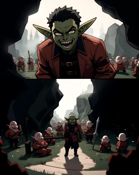 ((masterpiece), best quality, high quality, professional quality, highly detailed, highres, perfect lighting, natural lighting), goblin army, marching, dark cave, weapons drawn, ugly faces, long fangs, wearing ragged clothing, gross, disgusting