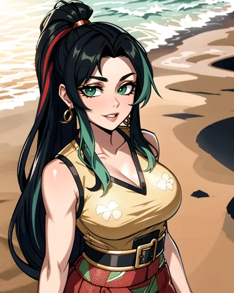 a woman with long black hair and green eyes standing on a beach