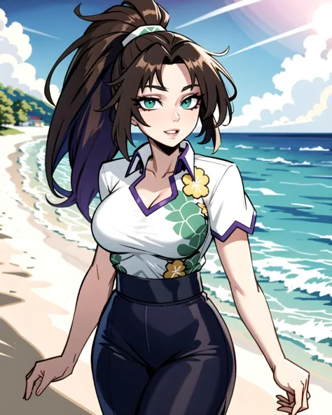 a woman in a white shirt and black pants walking on a beach