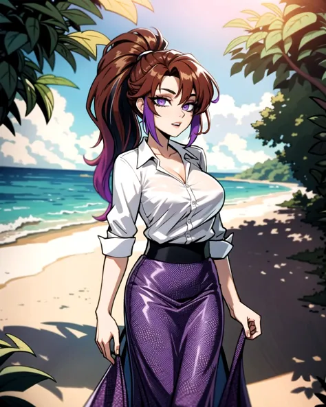 a woman in a skirt and shirt standing on a beach