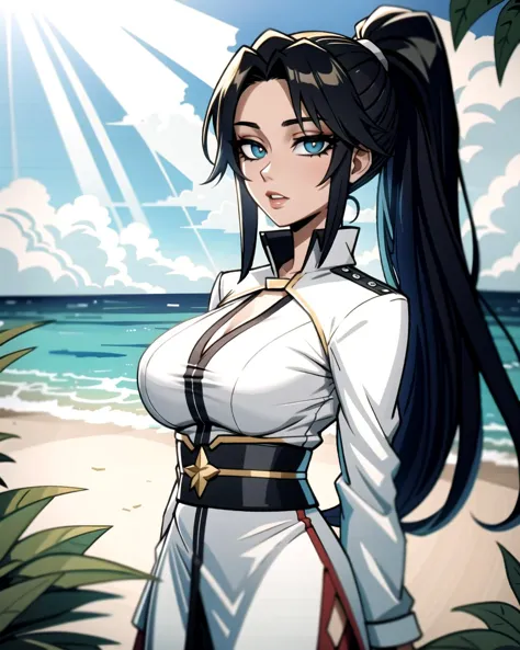 a cartoon picture of a woman in a white dress standing on a beach