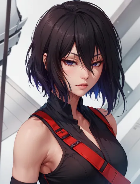 (masterpiece, best quality, chromatic lighting, professional quality) FaithMirror, 1girl, solo, black hair, short hair, realistic, gloves, parted lips, sleeveless, upper body, looking at viewer, bare shoulders, hair over one eye, lips, vest  