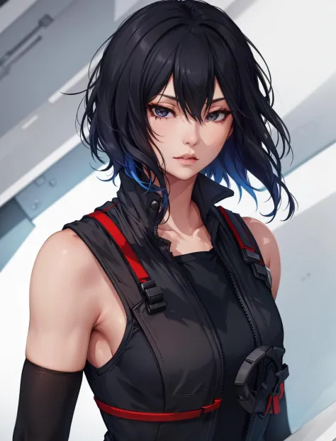 (masterpiece, best quality, chromatic lighting, professional quality) FaithMirror, 1girl, solo, black hair, short hair, realistic, gloves, parted lips, sleeveless, upper body, looking at viewer, bare shoulders, hair over one eye, lips, vest  