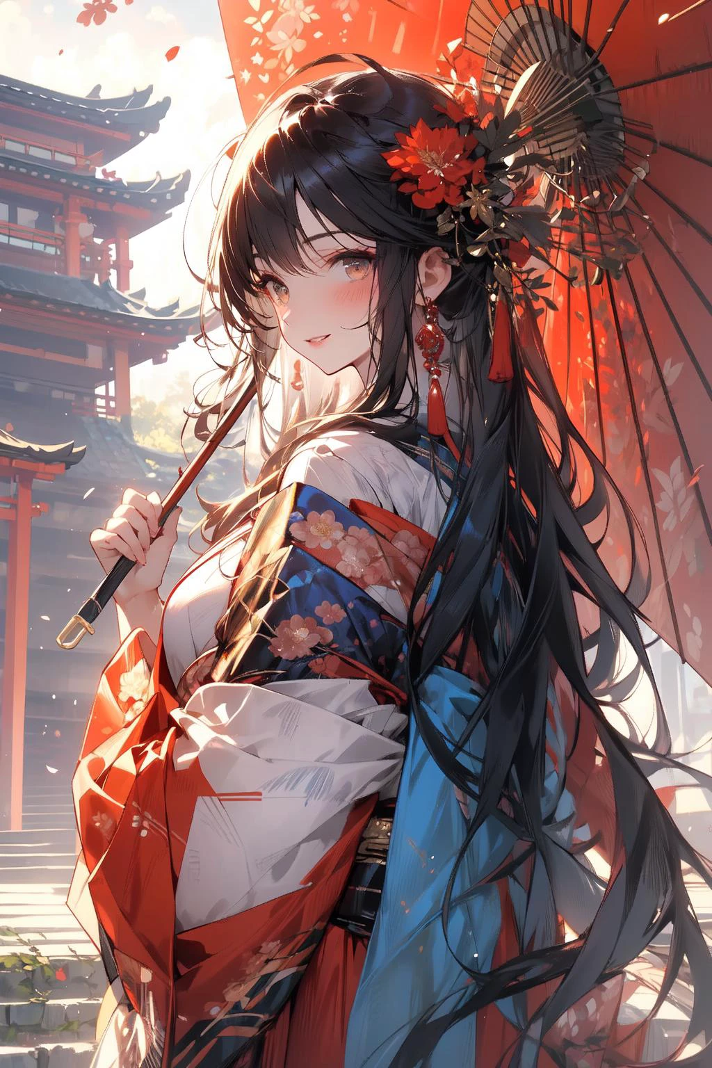 , (masterpiece:1.2), best quality,PIXIV,midjourney portrait,
long hair, hair ornament, black hair, multiple girls, east asian architecture, architecture, looking at viewer, flower, hair flower, holding, japanese clothes, outdoors, hand fan, red flower, bangs, very long hair, blush, wide sleeves, holding fan, parted lips, smile, solo focus, long sleeves, kimono, umbrella, 3girls, stairs, multiple boys, shrine
 