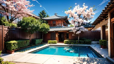 Create a serene setting in Snow Jade Court,with a blossoming cherry blossom tree and falling petals.,
Illustrate Liu Hanyan's elegant quarters,decorated in shades of blue and silver to represent their new status.,
Depict Liu Hanyan by the window,lost in th...