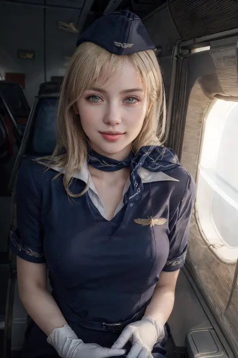 arafed woman in uniform sitting on a plane looking out the window