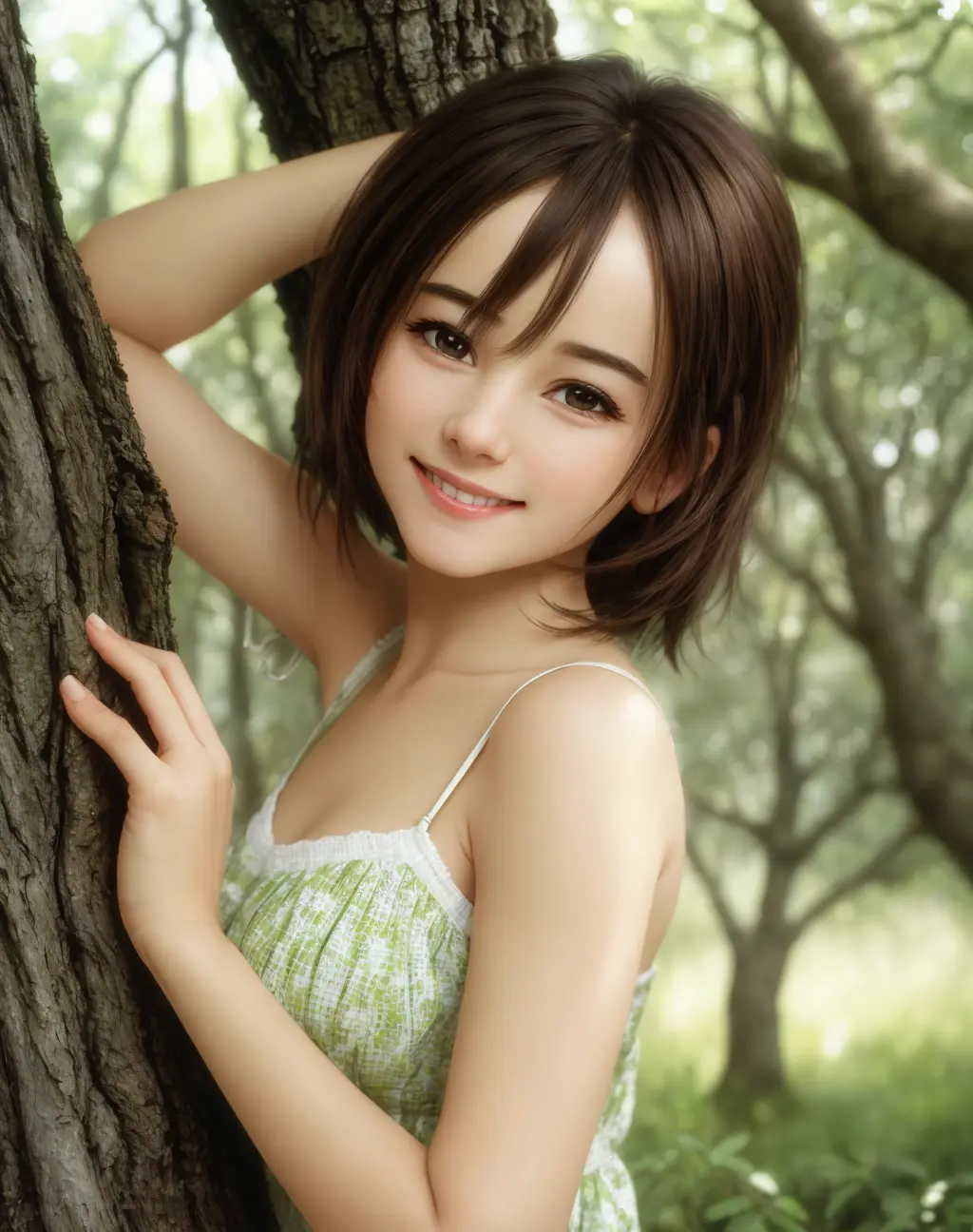 Masterpiece, absurdres, fine detail, HDR, highly detailed face and eyes, photorealistic, smiling, beautiful petite_doll, a woman standing next to a tree in a forest ,perfect petite_doll face, perfect petite_doll body