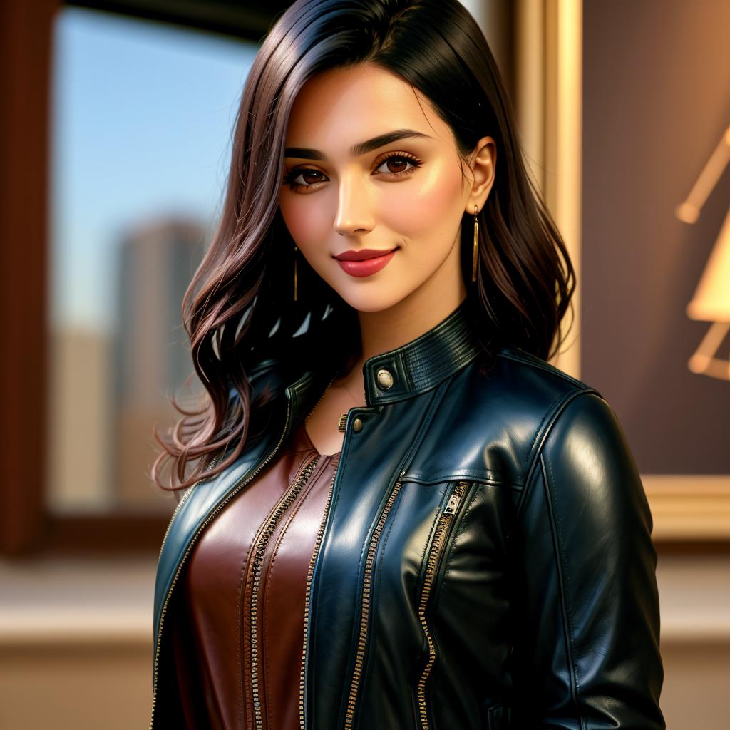 A close up of a woman in a leather jacket posing for a picture - SeaArt AI