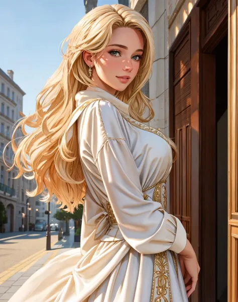 ((Masterpiece, best quality)),photography, detailed skin, realistic, photo-realistic, 8k, highly detailed, full length frame, High detail RAW color art, diffused soft lighting, shallow depth of field, sharp focus, hyperrealism, cinematic lighting,close up,buildings in the background
smiling, beautiful blonde edgAus_woman,posing for a picture, in a Haute_Couture designer dress, wearing Haute_Couture 
 <lora:edgAustralianDoll:0.7> <lora:Haute_Couturev3:0.37>