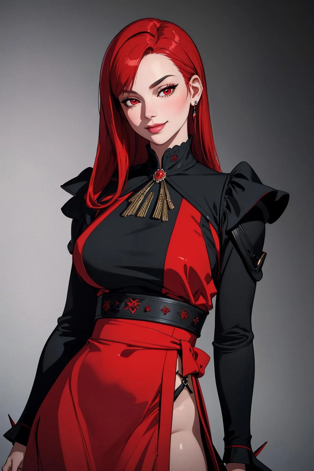 ((Masterpiece, best quality,edgQuality)),smirk,smug,
edgAyre, red hair,red eyes,dress
 