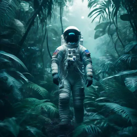 an astronaut in a jungle with trees and plants