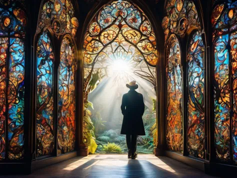 a man in a black coat standing in a stained glass doorway