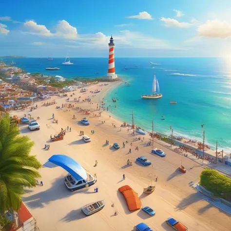 arafed view of a beach with a lighthouse and a lot of people