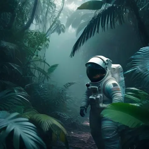 an astronaut in a white spacesuit walking through a jungle