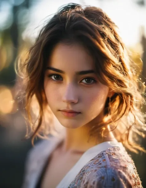 (realistic),centered, anime, portrait photo of 1girl, 20 y.o, cute face, hard shadows,(film grain, blurry background, blurry foreground, bokeh, depth of field, sunset, motion blur:1.3), (masterpiece), (extremely intricate:1.3),