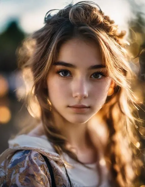 a close up of a young girl with long hair and a backpack