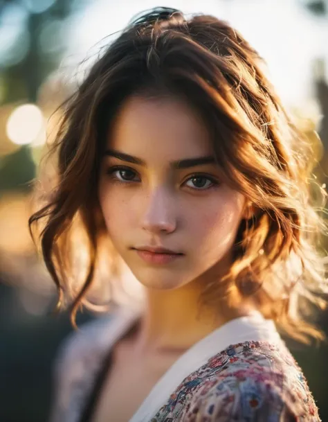 a close up of a woman with a short hair and a floral shirt