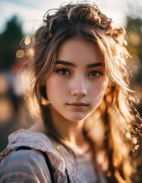 a close up of a young girl with long hair and a backpack