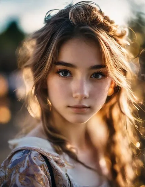 a close up of a young girl with long hair and a flowered dress