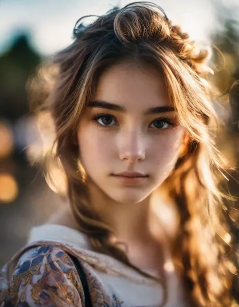 (realistic),centered, anime, portrait photo of 1girl, 20 y.o, cute face, hard shadows,(film grain, blurry background, blurry foreground, bokeh, depth of field, sunset, motion blur:1.3), (masterpiece), (extremely intricate:1.3),