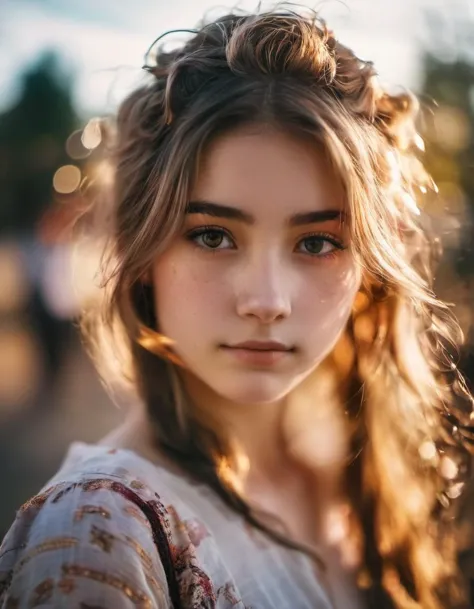 a close up of a young woman with long hair and a flowered shirt