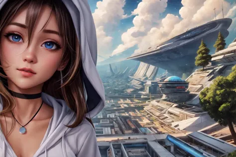 (detailed eyes:1.3), Beautiful Lighting, (1girl:blue  eyes, blonde hair, absurdly long hair, (hair between eyes:1.1)), (real skin), <lora:Tool - Detail up:0.5>, <lora:y:1>, 
(outdoors:1.3), hoodie, short sleeves, black choker, neck gem, bottomless, sneakers, hoodie dress, medium breasts, 
 <lora:space-clony:1>, space-clony,incoming kiss, 1girl, scenery, outdoors, tree, building, sky, city, cloud, science fiction,