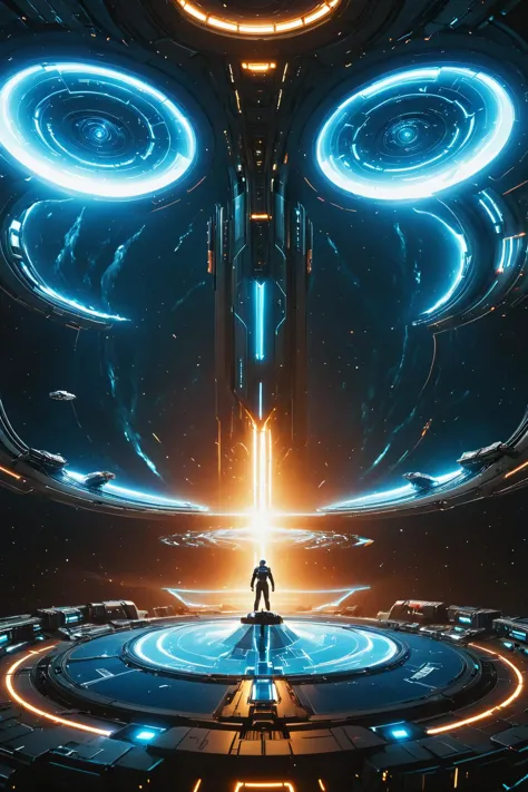 a man standing in front of a futuristic spaceship with glowing lights