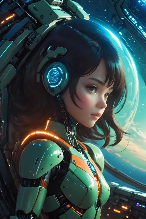 a woman in a futuristic suit with headphones on looking out of a spaceship