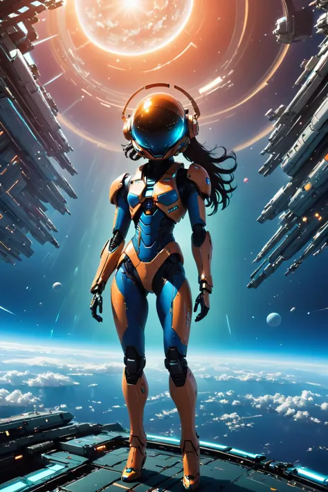 a woman in a space suit standing on a platform with a spaceship in the background