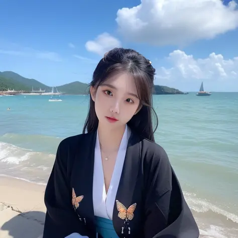 best quality, ultra high res, (photorealistic:1.4), <lora:chineseGirlsInWeddingDress_v01:0.7>, 1girl, beach, black_hair, blue_sky, blunt_bangs, blurry, bug, butterfly, chinese_clothes, cloud, cloudy_sky, day, hair_ornament, horizon, blue japanese_clothes, blue kimono, long_sleeves, mountain, ocean, outdoors, red_lips, river, shore, sitting, sky, solo, water,

 <lora:taiwanDollLikeness_v10:0.3> <lora:koreanDollLikeness_v15:0.3>