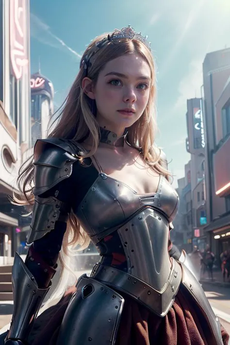 a woman in armor standing on a city street in a city