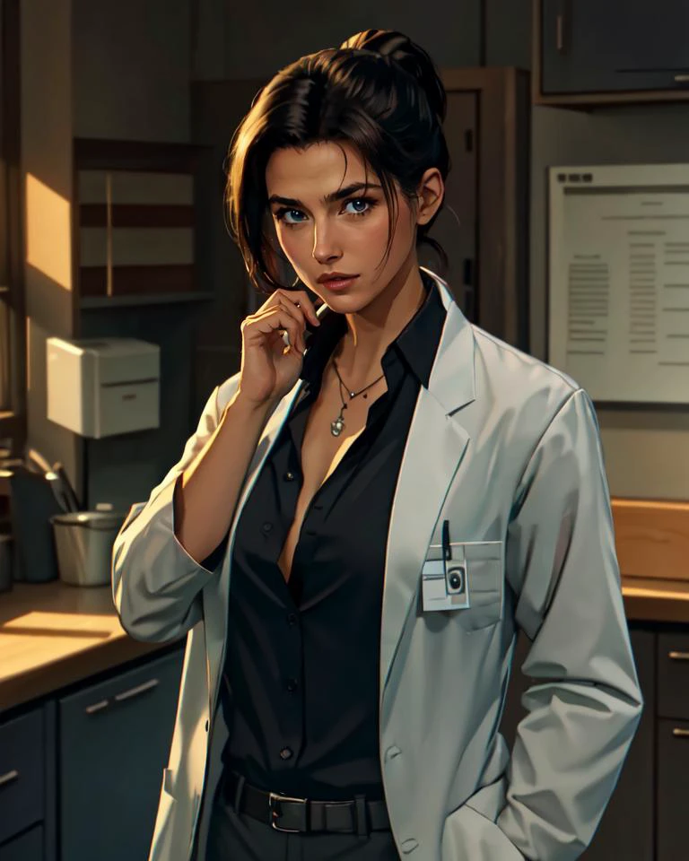 masterpiece, best quality, 8k,  naomihunter, 1girl, black_hair, ponytail, lab_coat, collared_shirt, black_shirt, unbuttoned, id_card, necklace, open_clothes, looking_at_viewer, indoors, (upper body)