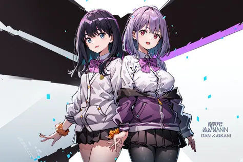 anime characters in a white and purple outfit standing next to each other