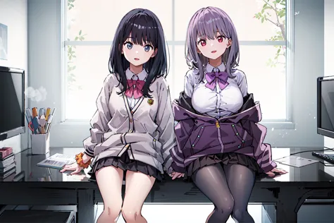 2girls, multiple girls, rikka1, takarada rikka, black hair, blue eyes, wrist scrunchie, long hair, red socks, school uniform, black skirt, bangs, pleated skirt, orange scrunchie, red bow, white cardigan, long sleeves, bowtie, white shirt, miniskirt, white sweater,happy,looking at viewer,face focus,looftop, 
 BREAK
2girls,aaakane,multiple girls, aaakane, short hair, red eyes, large breasts, purple bowtie, collared shirt, white shirt, off shoulder, purple jacket, partially unzipped, long sleeves, sleeves past wrists, pleated skirt, black skirt, pantyhose,happy,looking at viewer,face focus,