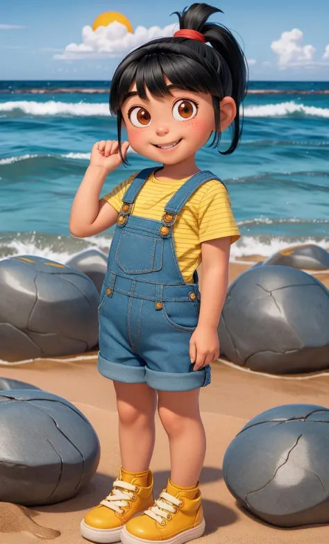 1girl, Black hair with straight bangs and a ponytail with a red band, big round brown eyes, slightly blushed cheeks, smiling expression, wearing a striped yellow and blue shirt, blue overalls, white shoes with gray soles ocean, palms, sand, sun, (child:1.2), rocks
