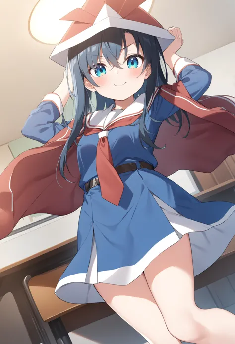 anime girl in a blue dress and a hat with a red cape