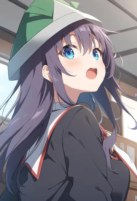 anime girl with long purple hair wearing a green hat