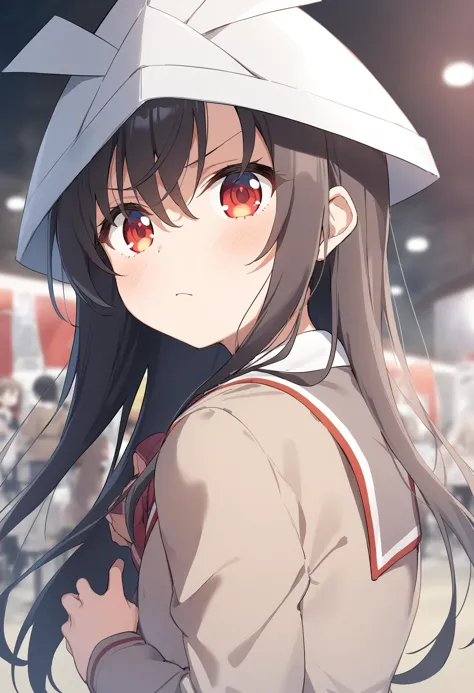 anime girl with red eyes and a white hat