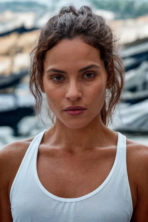 a close up of a woman in a white tank top near a body of water