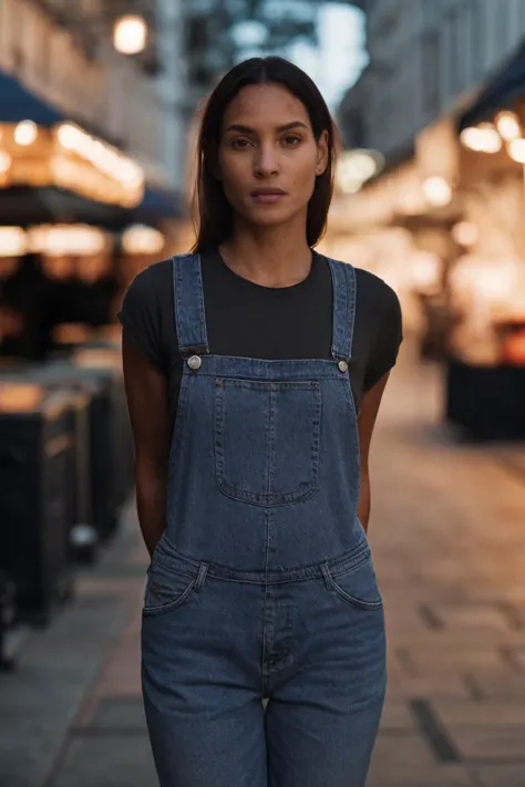 a woman standing on a sidewalk in a city with a black shirt