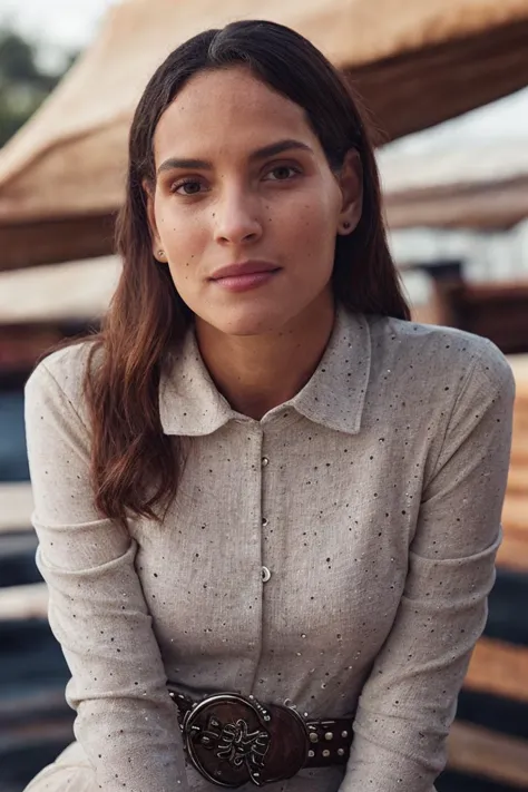 a close up of a woman sitting on a bench wearing a belt