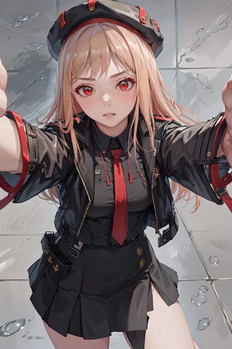 anime girl with red eyes and a black uniform holding a gun